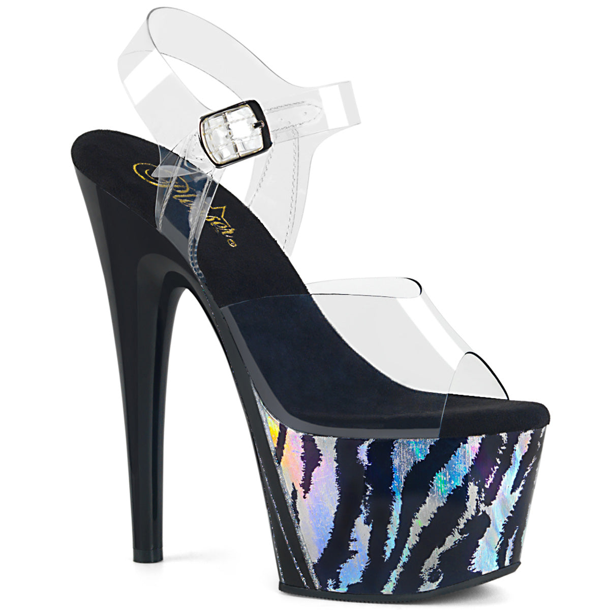 Pleaser Womens Sandals ADORE-708HP-2 Clr/Blk-Slv Hologram