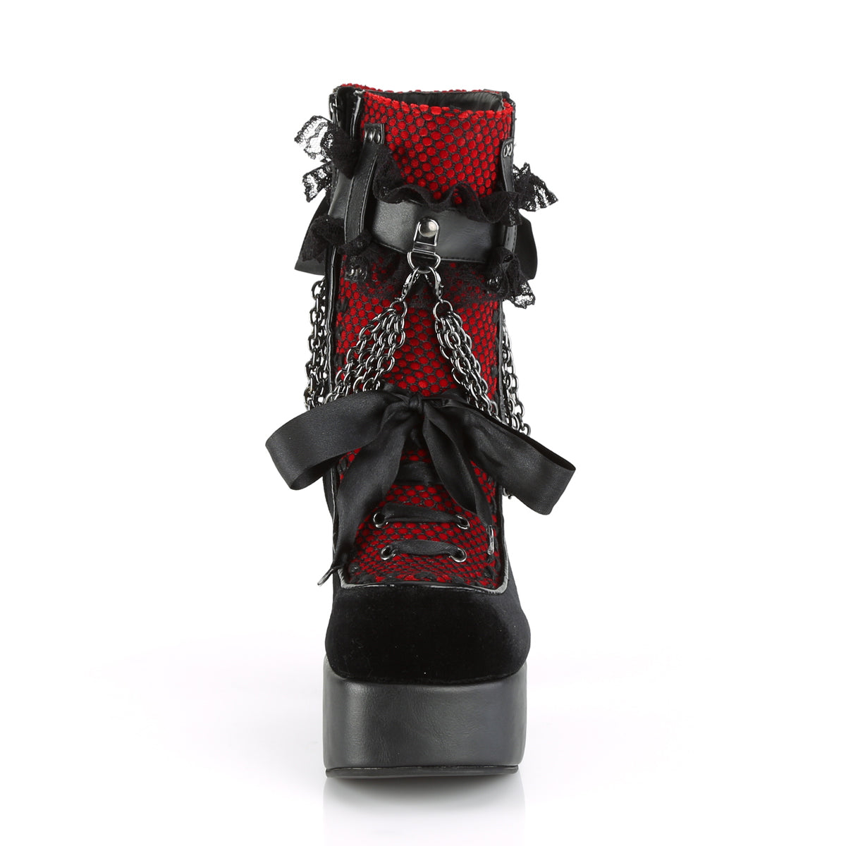 DemoniaCult Stivali alla caviglia femminile CHARADE-110 blk V. le-rosso-blk overlay vellvet-fishnet