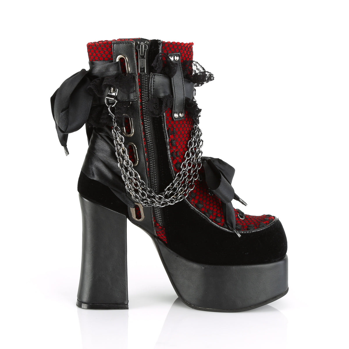 DemoniaCult Stivali alla caviglia femminile CHARADE-110 blk V. le-rosso-blk overlay vellvet-fishnet