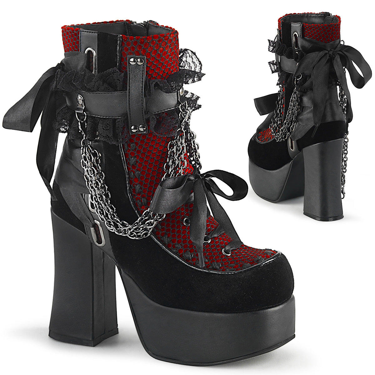 DemoniaCult Stivali alla caviglia femminile CHARADE-110 blk V. le-rosso-blk overlay vellvet-fishnet
