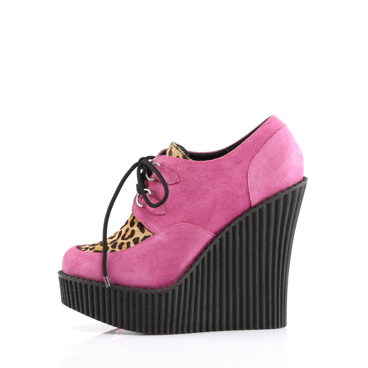 DemoniaCult Womens Low Shoe CREEPER-304 H.Pink Vegan Suede-Leopard Printed Pony Hair