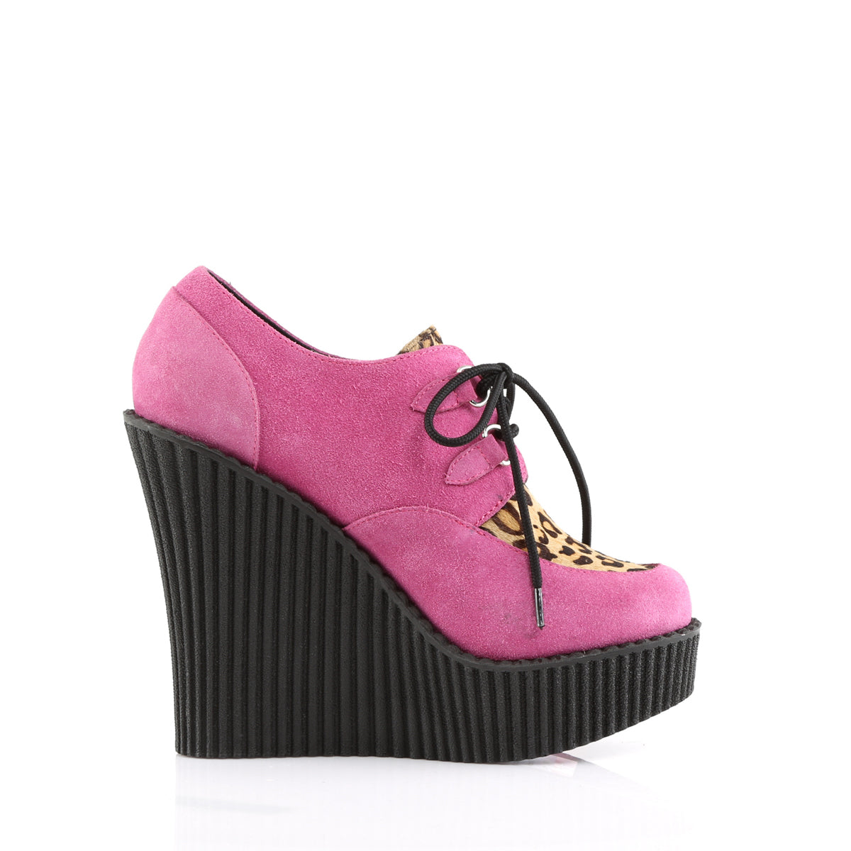 DemoniaCult Womens Low Shoe CREEPER-304 H.Pink Vegan Suede-Leopard Printed Pony Hair