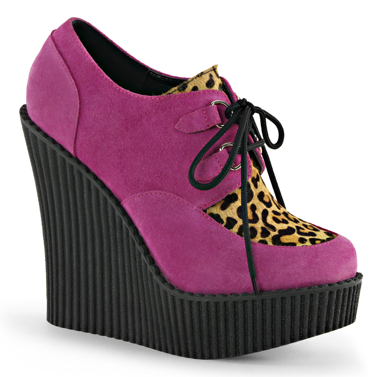DemoniaCult Womens Low Shoe CREEPER-304 H.Pink Vegan Suede-Leopard Printed Pony Hair