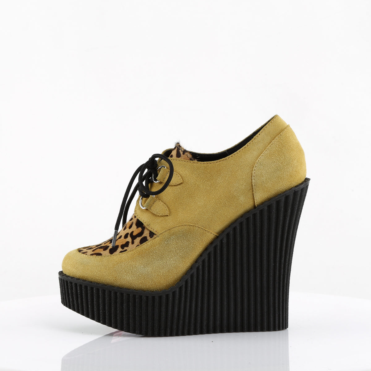 DemoniaCult Womens Low Shoe CREEPER-304 Mustard Vegan Suede-Leopard Printed Ponly Hair