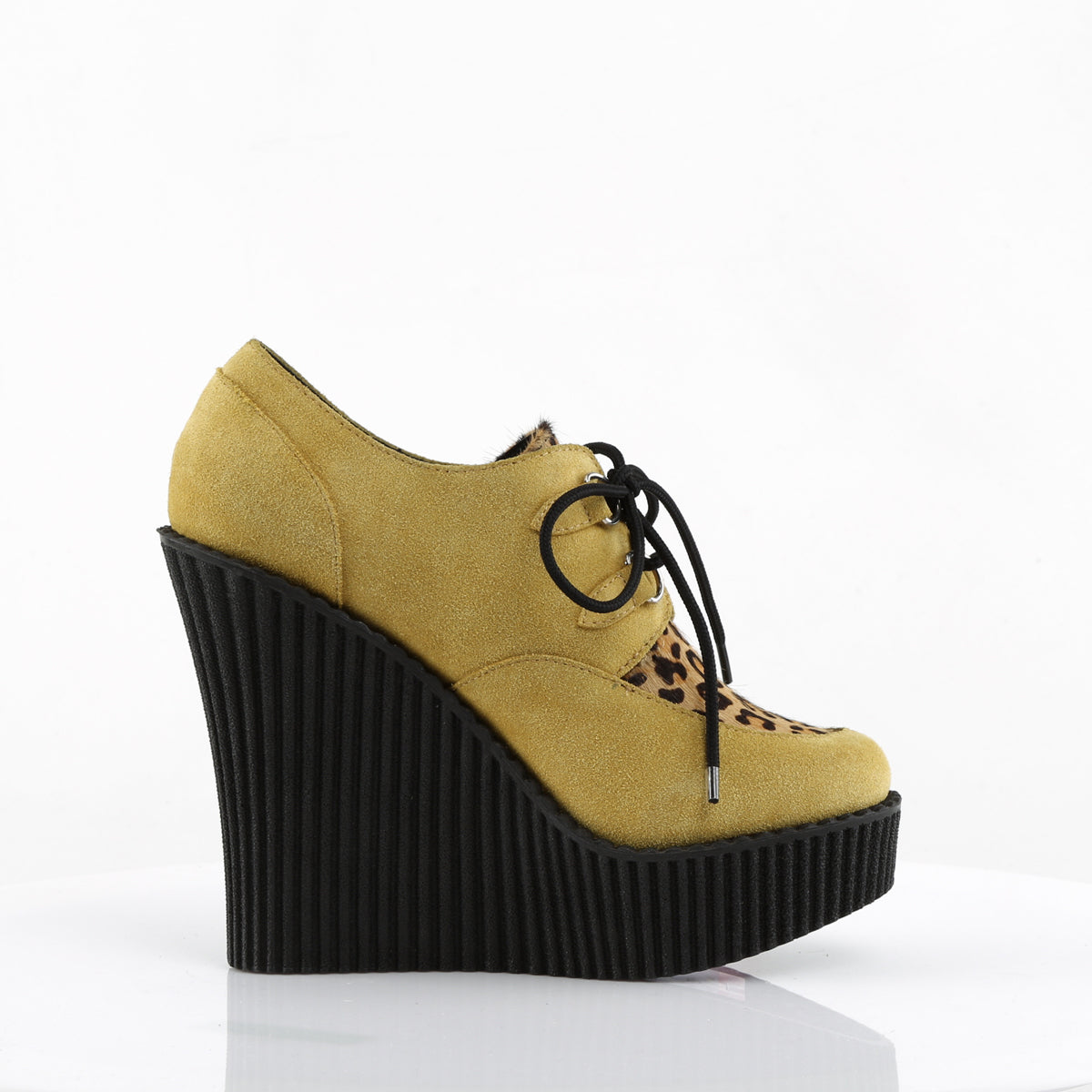 DemoniaCult Womens Low Shoe CREEPER-304 Mustard Vegan Suede-Leopard Printed Ponly Hair