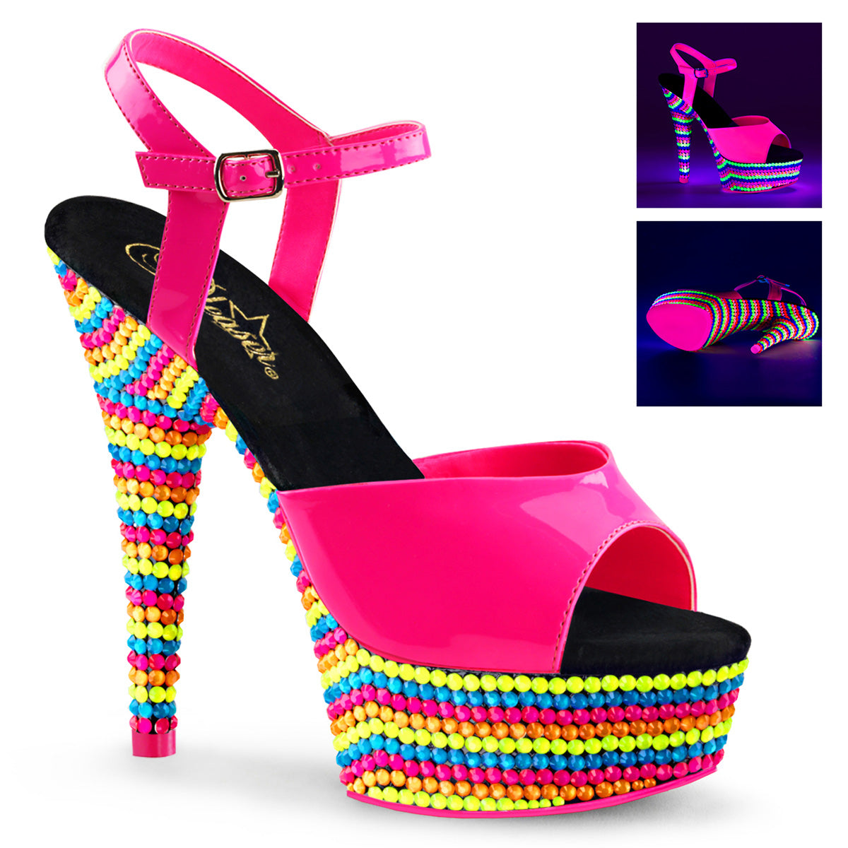 Pleaser Sandali femminili DELIGHT-609RBS Neon H. Pink Pat/Neon Multi