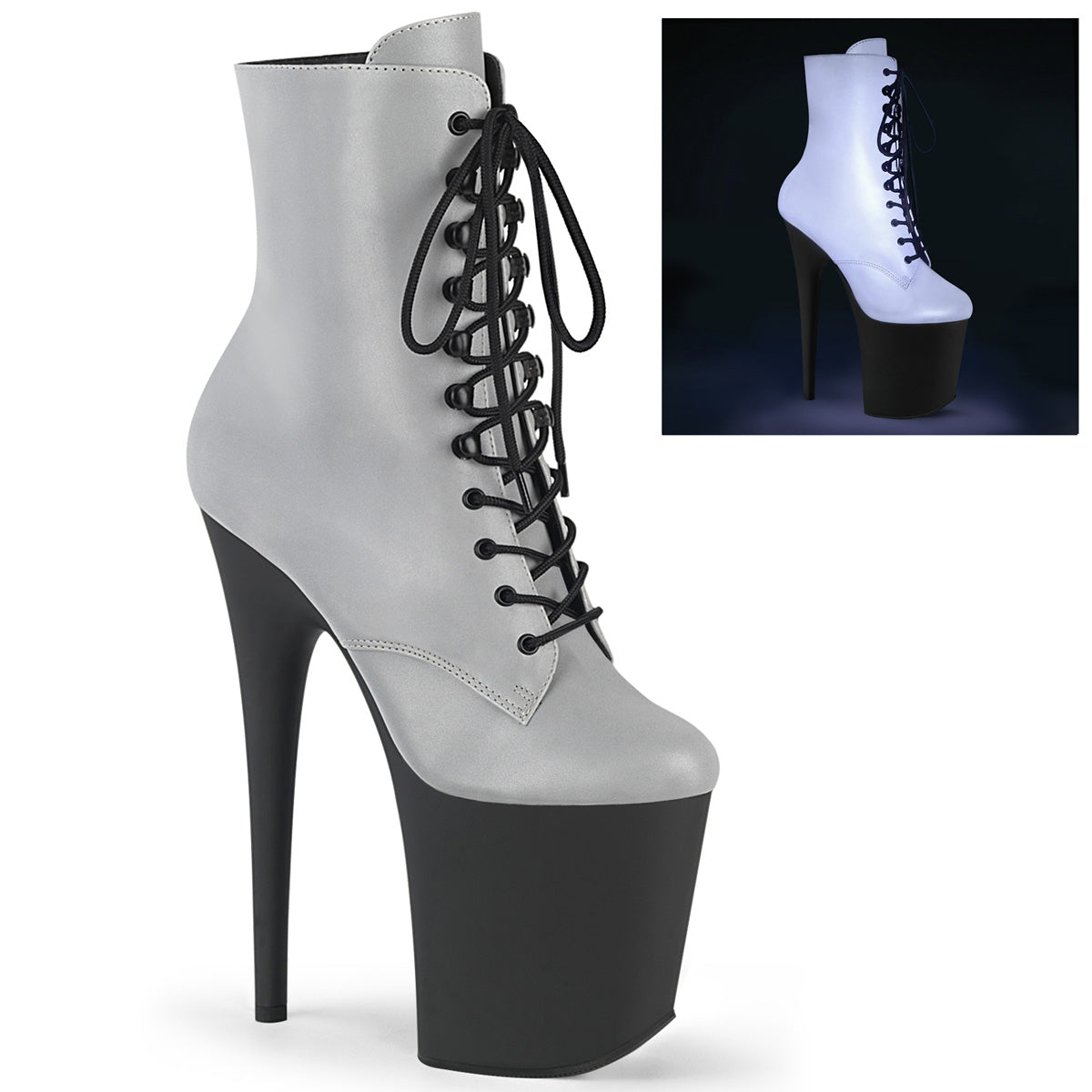 Pleaser Stivaletti da donna FLAMINGO-1020Refl SLV riflettente / BLK opaco