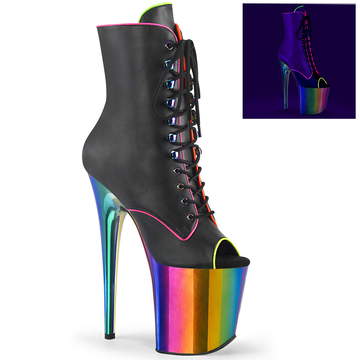 Pleaser Ankle Boots FLAMINGO-1021RC-02 Blk Pat/Rainbow Chrome