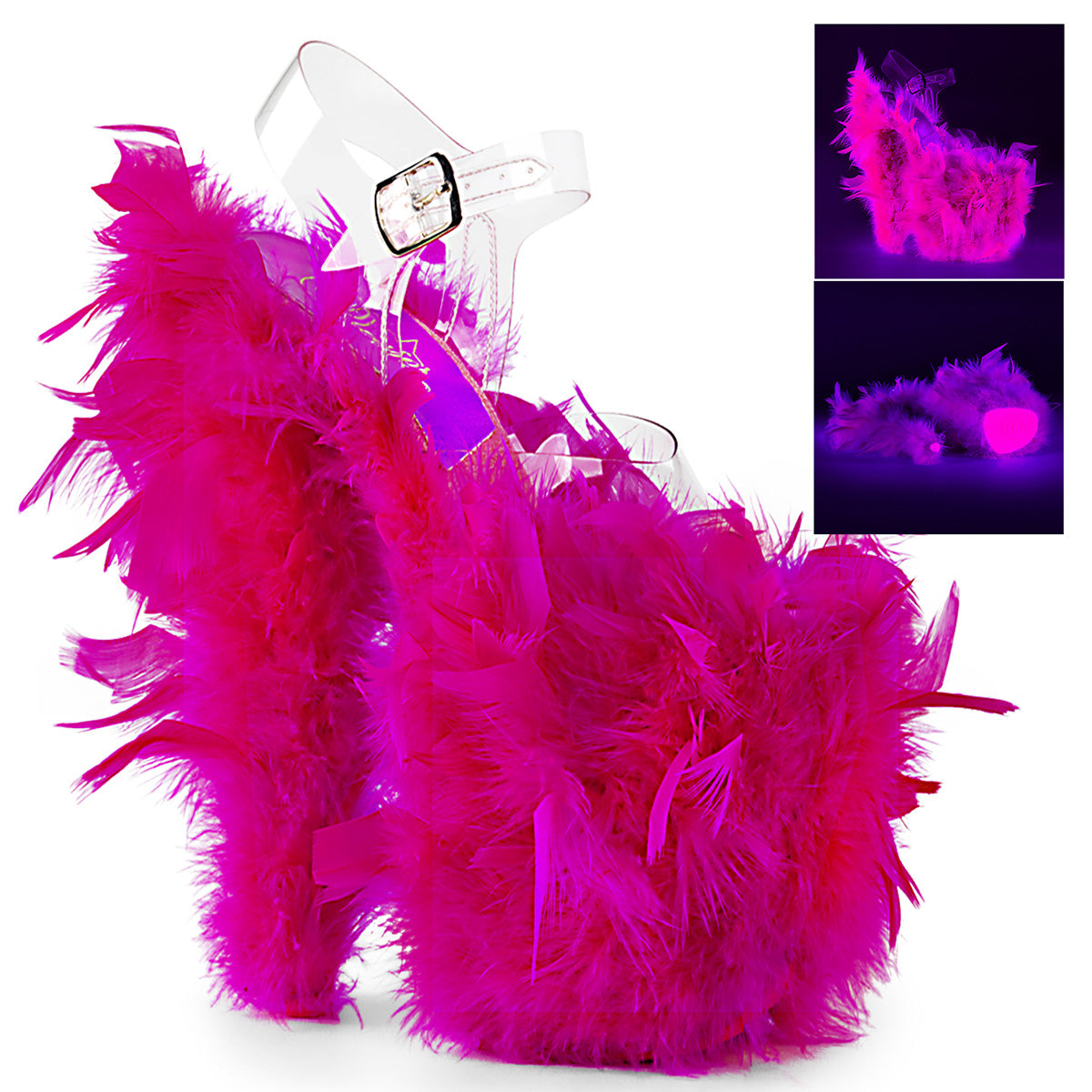 Pleaser Sandali da donna FLAMINGO-808f CLR / Neon H. Pink Marabou Piuma