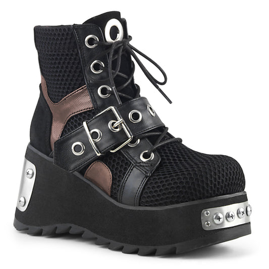 DemoniaCult Stivali alla caviglia femminile SCENE-53 tessuto BLK Vegan Leather-Fishnet