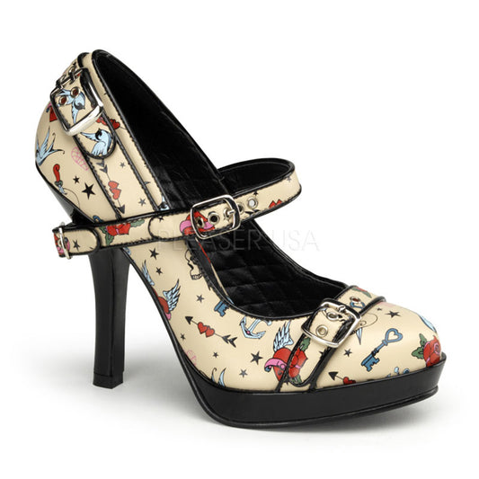 Pin Up Couture Pompe da donna SECRET-14 Crema PU (stampa del tatuaggio)