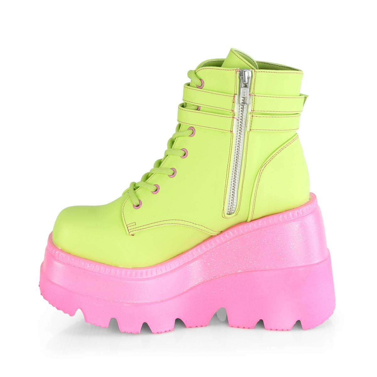 DemoniaCult Stivali da donna SHAKER-52 cuoio vegano riflettente lime/rosa