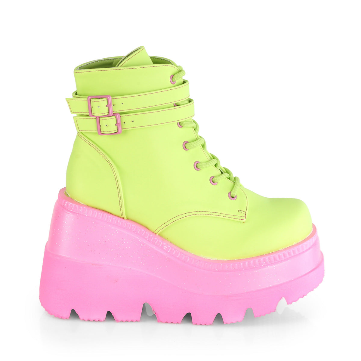 DemoniaCult Stivali da donna SHAKER-52 cuoio vegano riflettente lime/rosa