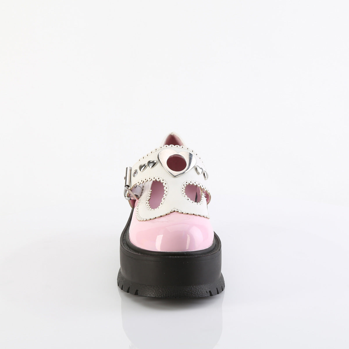 DemoniaCult SLACKER-23 B. Pink Holo Pat-Wht Vegan Leather