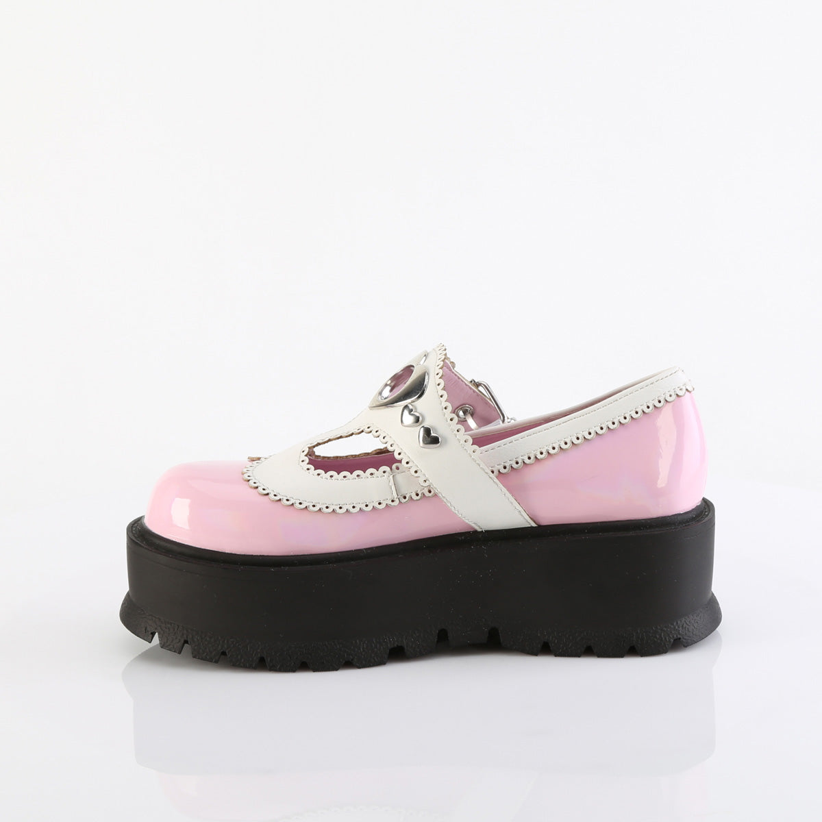DemoniaCult SLACKER-23 B. Pink Holo Pat-Wht Vegan Leather