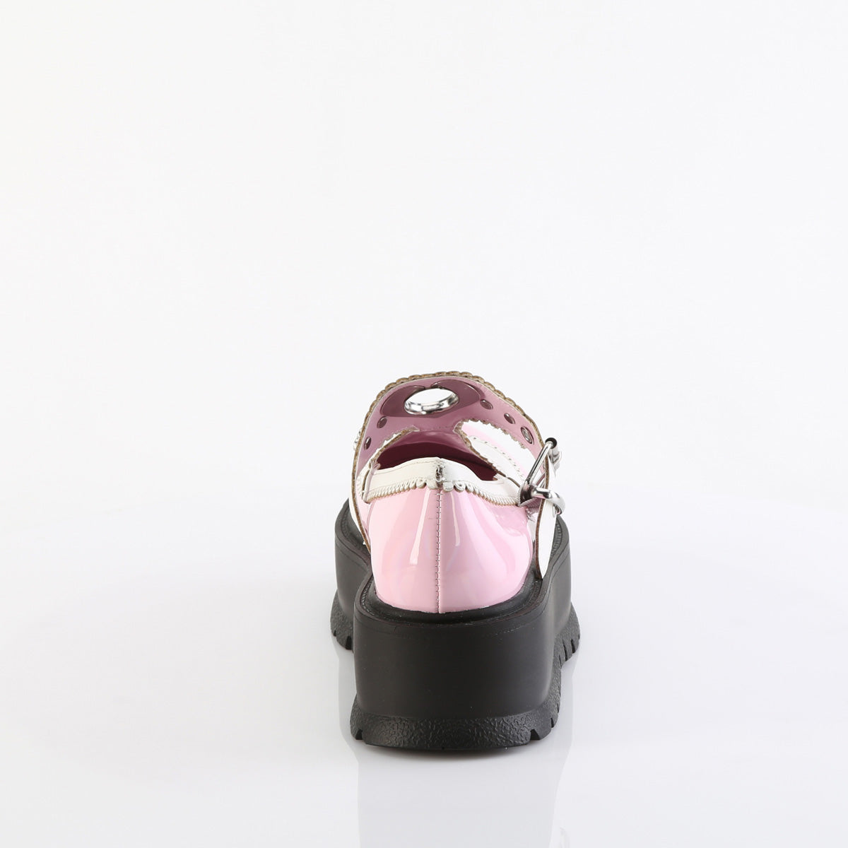 DemoniaCult SLACKER-23 B. Pink Holo Pat-Wht Vegan Leather