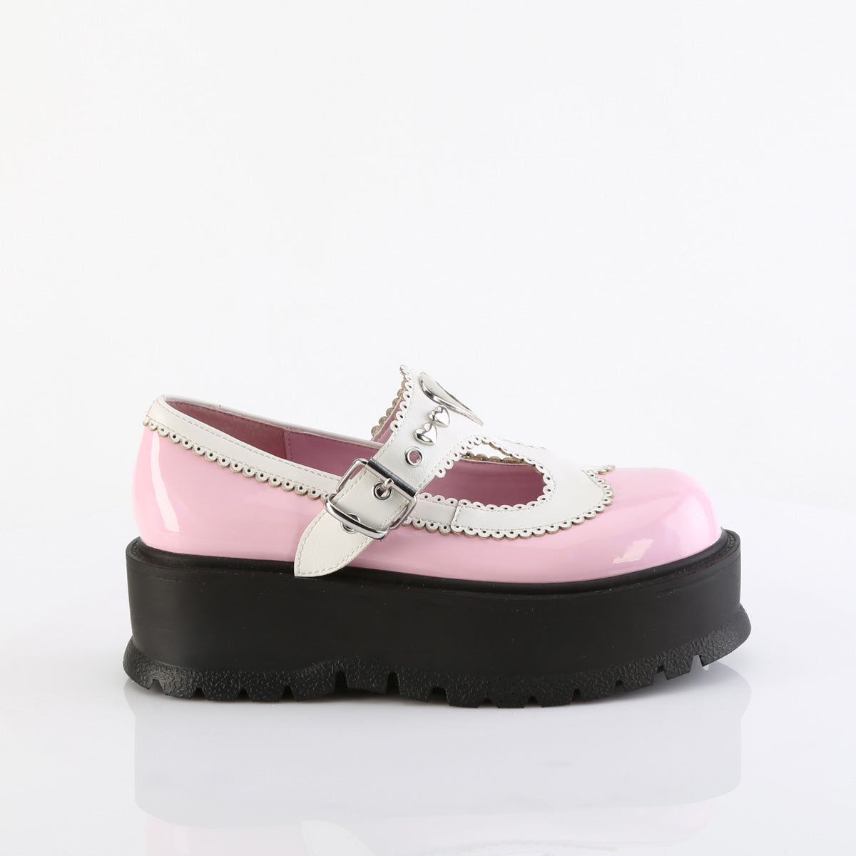DemoniaCult SLACKER-23 B. Pink Holo Pat-Wht Vegan Leather
