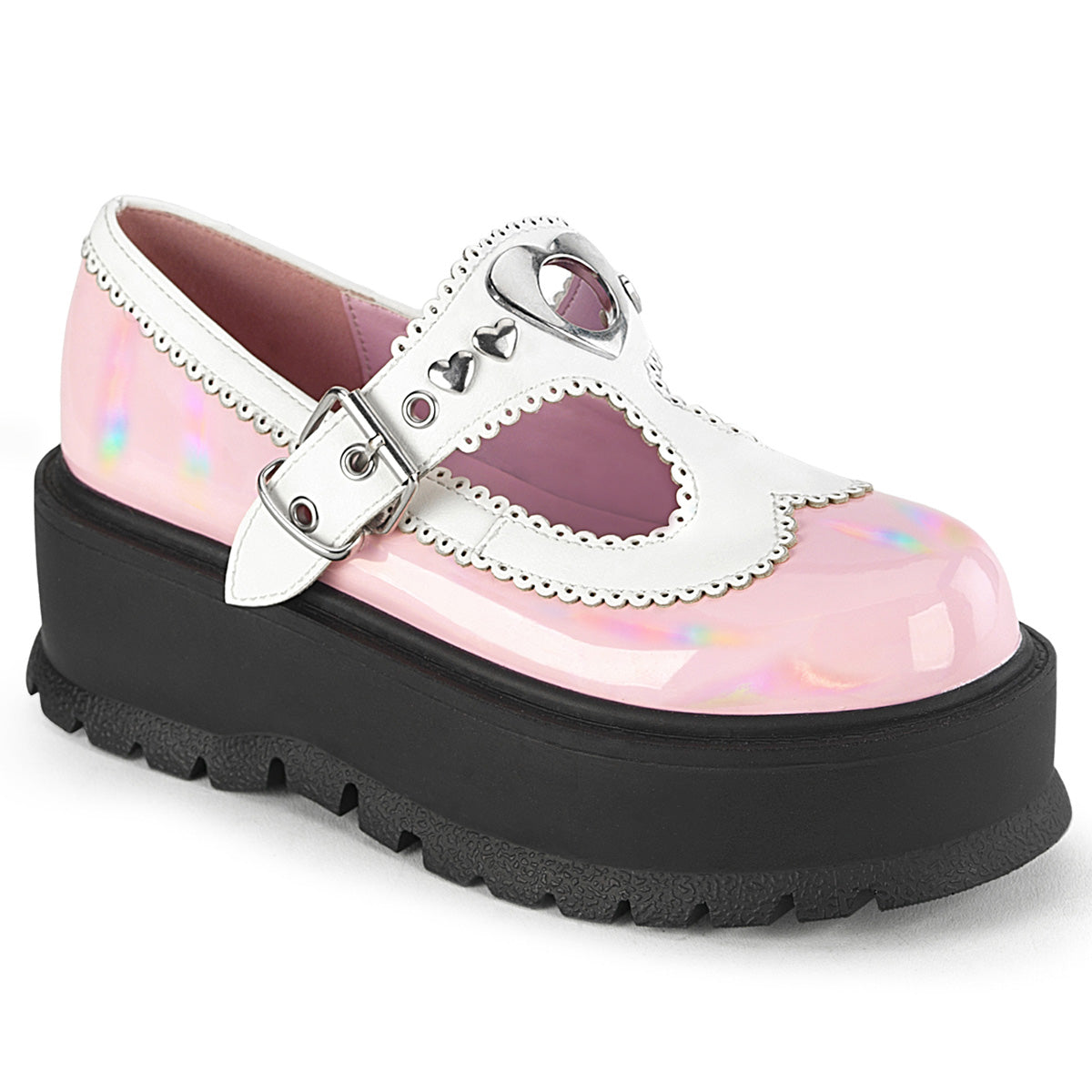 DemoniaCult SLACKER-23 B. Pink Holo Pat-Wht Vegan Leather