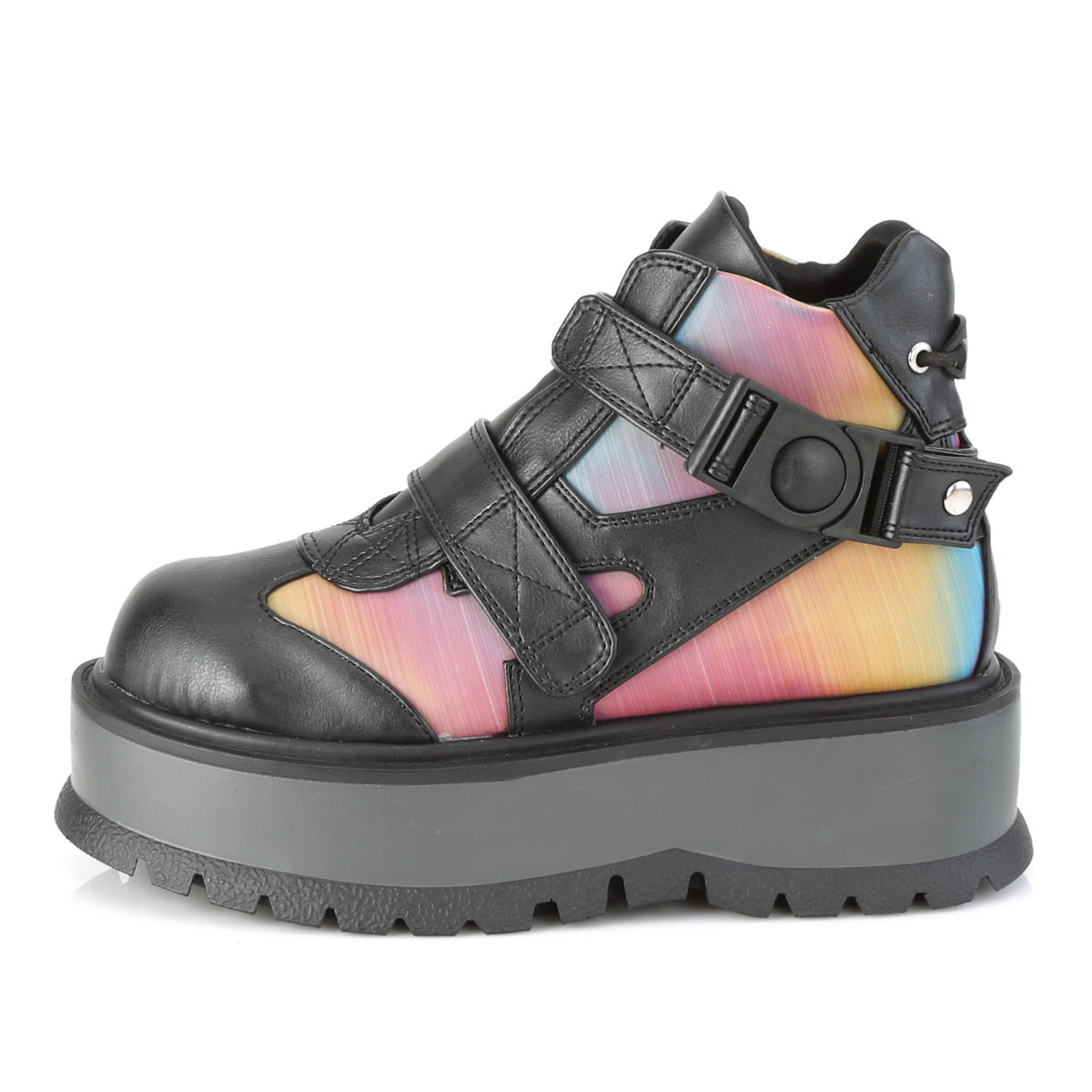 DemoniaCult Stivali alla caviglia femminile SLACKER-32 pelle vegana BLK-Rainbow Riflessivo