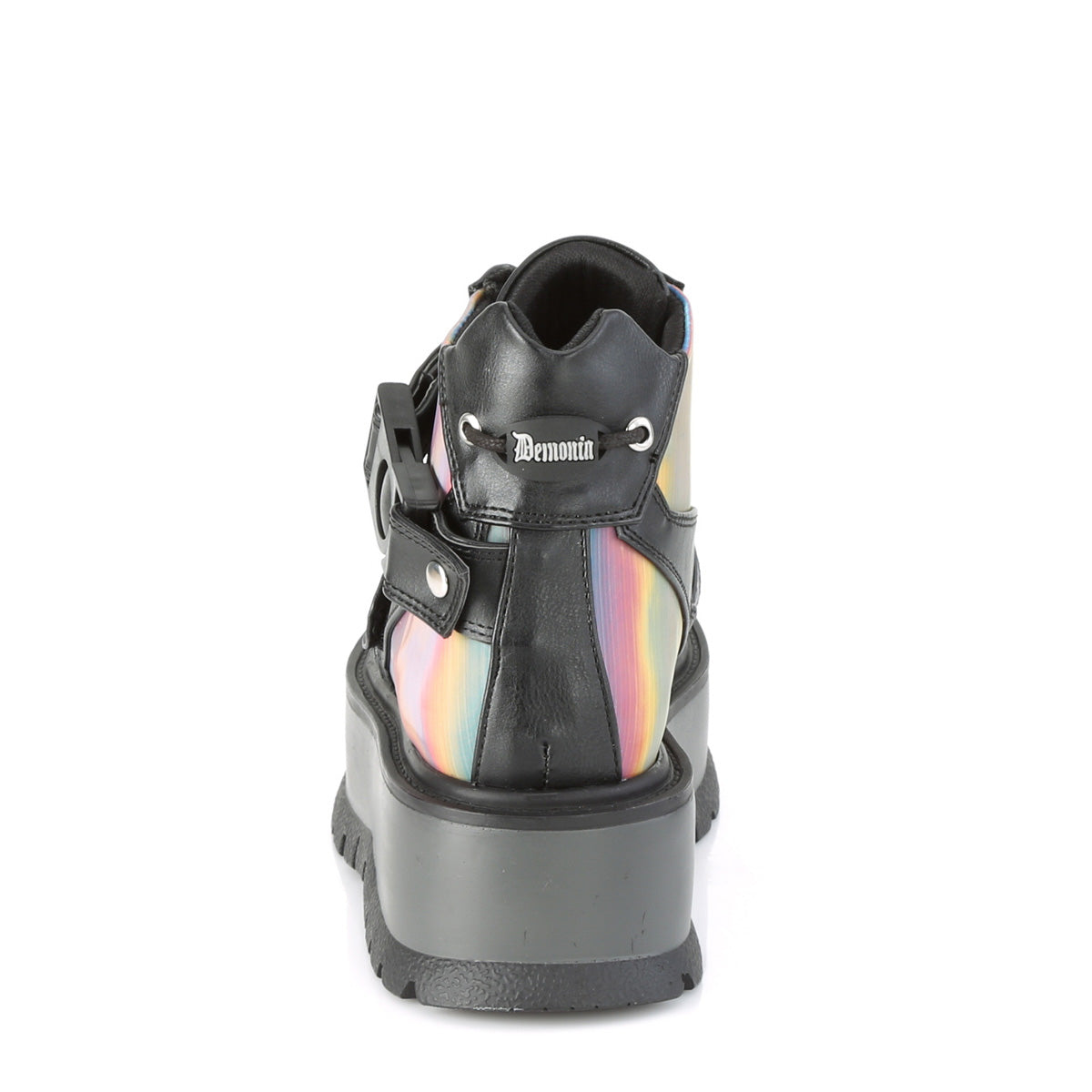 DemoniaCult Stivali alla caviglia femminile SLACKER-32 pelle vegana BLK-Rainbow Riflessivo