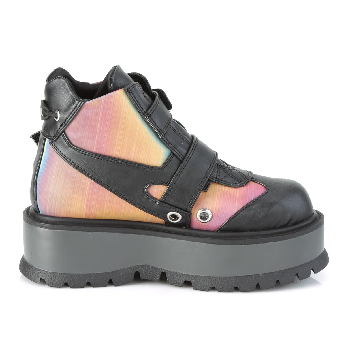 DemoniaCult Stivali alla caviglia femminile SLACKER-32 pelle vegana BLK-Rainbow Riflessivo