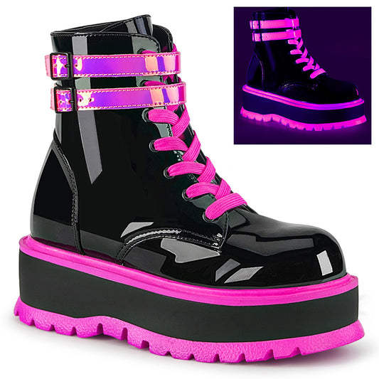 DemoniaCult Stivali alla caviglia femminile SLACKER-52 blk pat-uv Iridescent rosa
