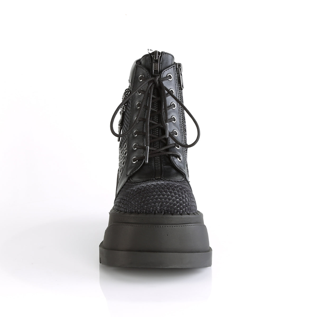 DemoniaCult Womens Ankle Boots STOMP-18 Blk Vegan Leather-Grey Velvet