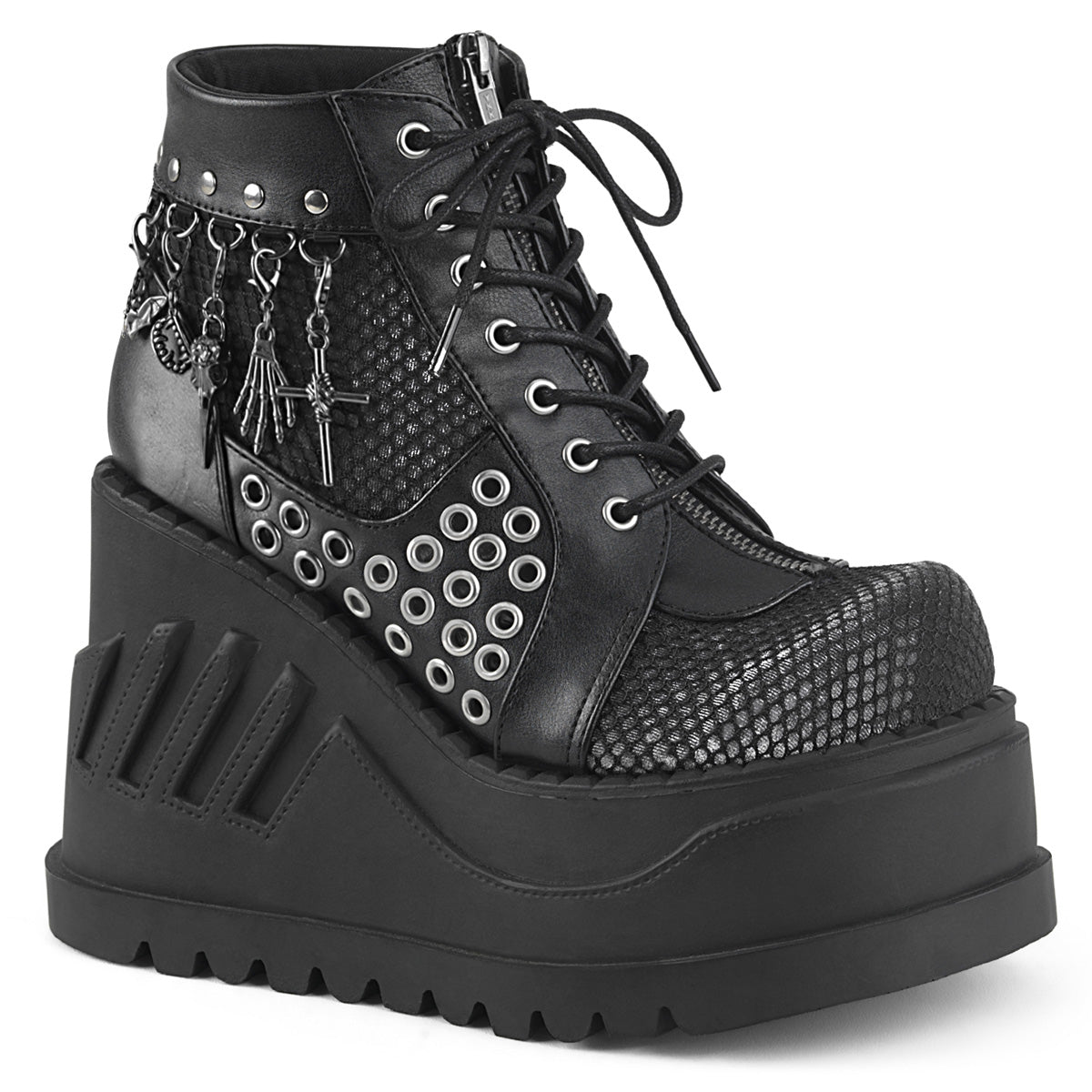 DemoniaCult Womens Ankle Boots STOMP-18 Blk Vegan Leather-Grey Velvet
