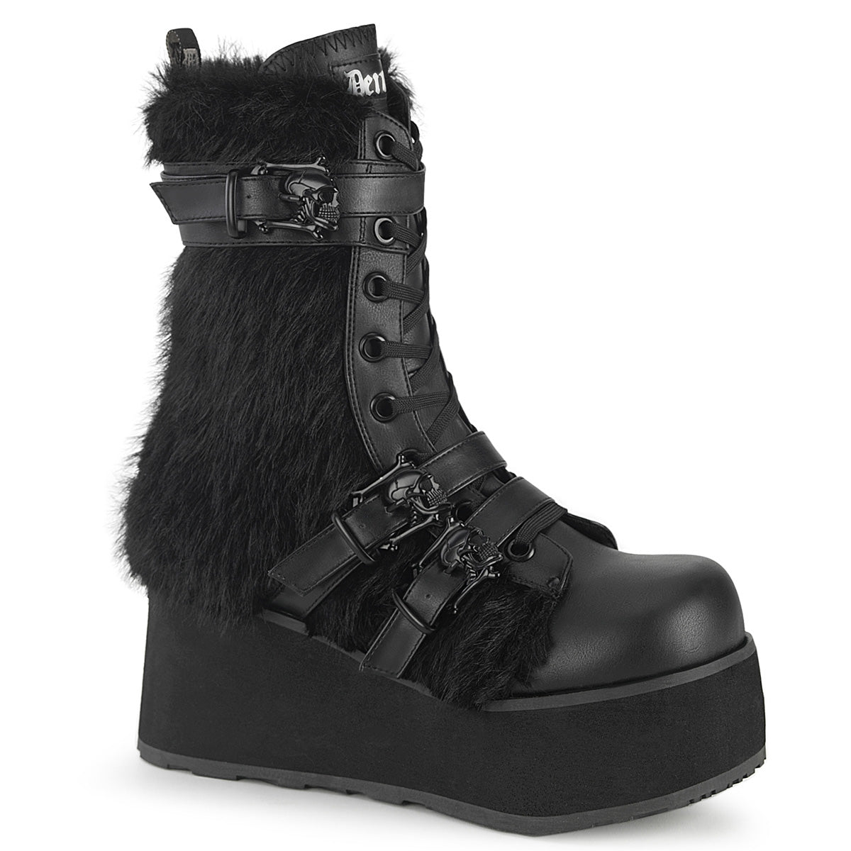 DemoniaCult Mens TRASHVILLE-218 Blk Vegan Leather-Faux Fur
