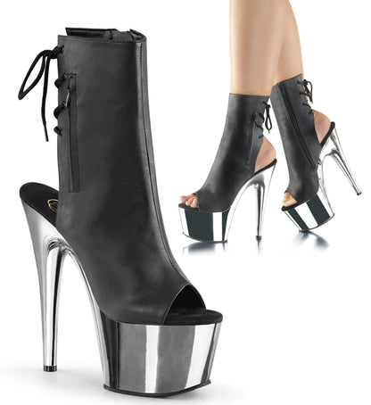 Pleaser Womens Ankle Boots ADORE-1018 Blk Faux Leather/Slv Chrome