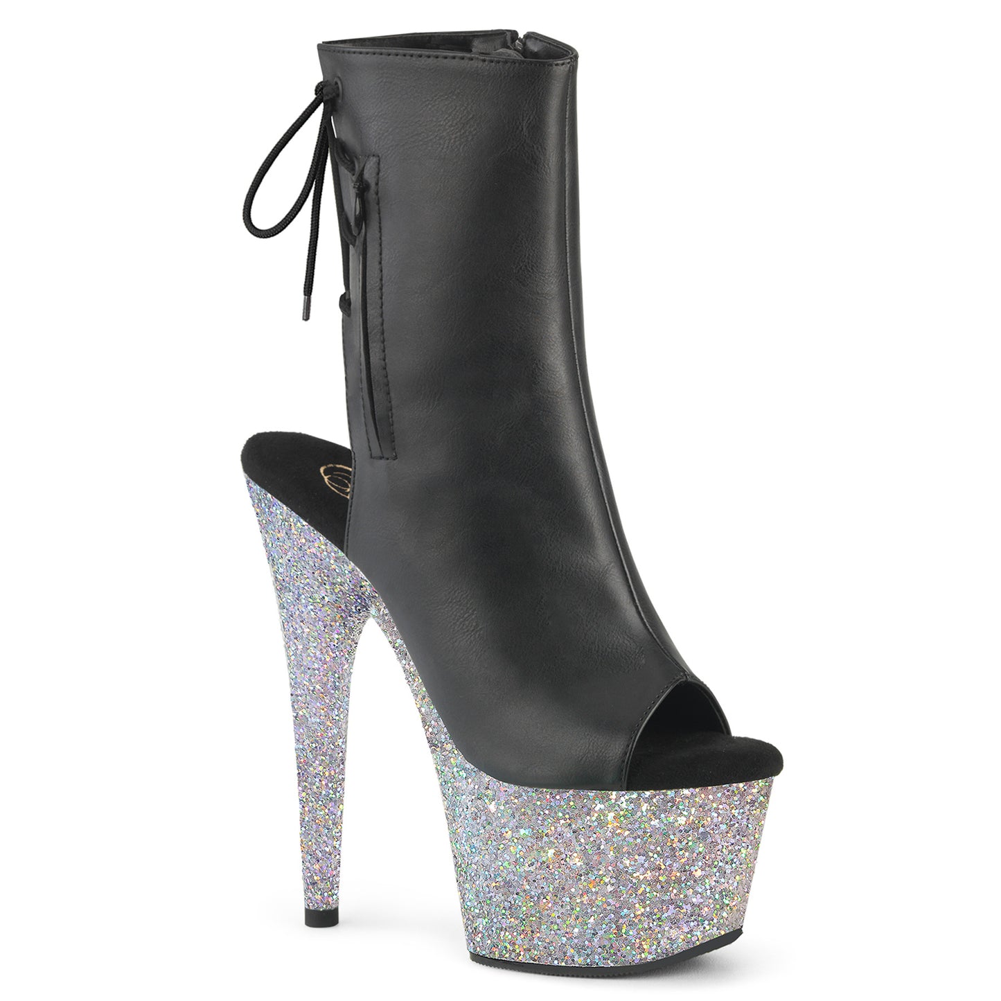Pleaser   ADORE-1018lg blk fux in pelle/slv multi glitter