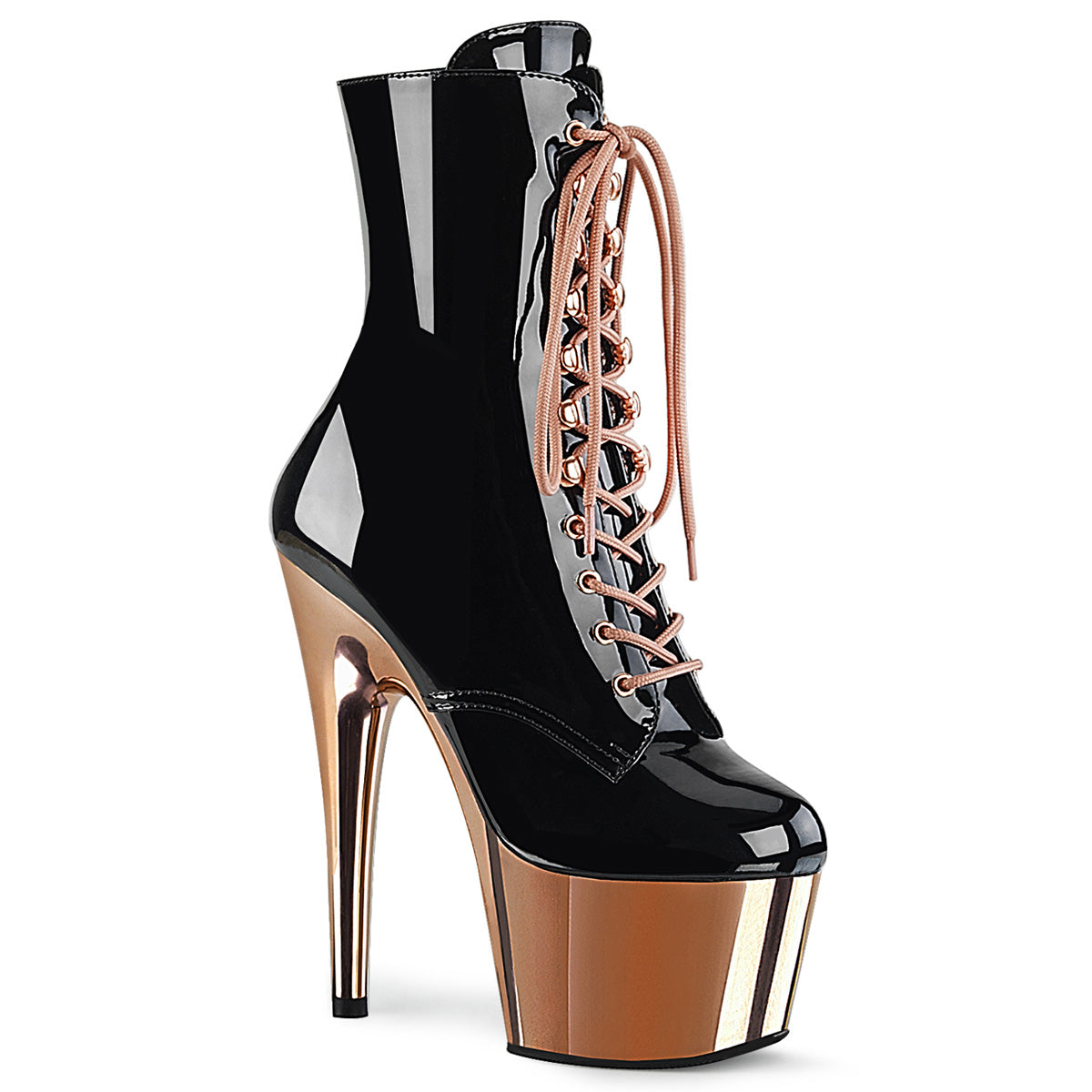 Pleaser Womens Ankle Boots ADORE-1020 Blk Pat / Rose Gold Chrome