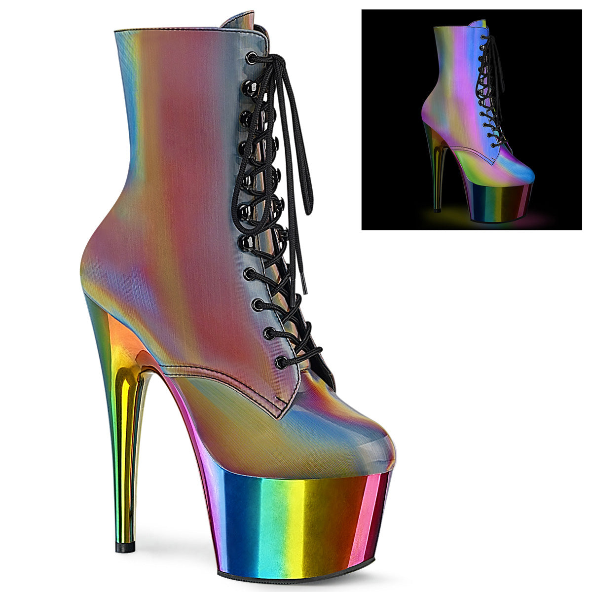 Pleaser Womens Ankle Boots ADORE-1020RC-REFL Rainbow Riflettive/Rainbow Chrome