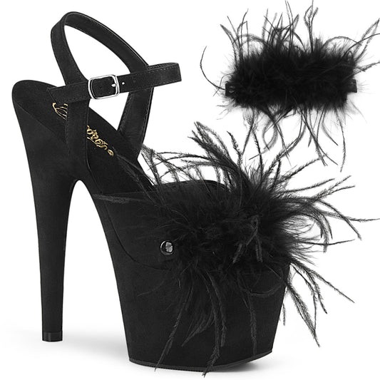 Pleaser Womens Sandals ADORE-709F Blk Faux Suede-Feather/Blk Faux Suede