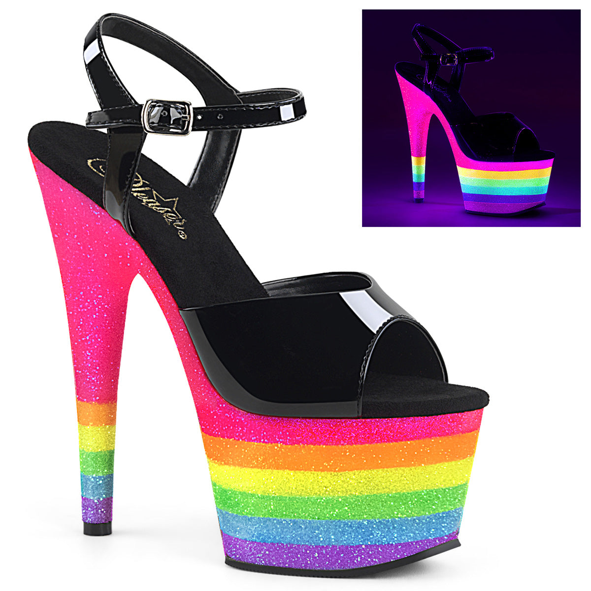 Pleaser Sandali da donna ADORE-709UVRB BLK / Neon Rainbow Glitter.