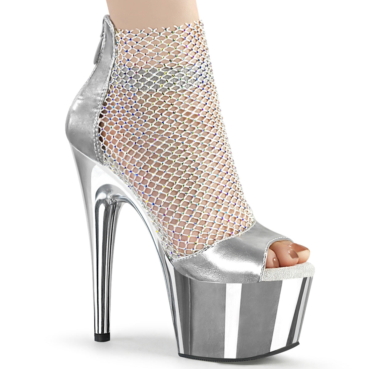 Pleaser Womens Sandals ADORE-765RM Slv Metallic Pu-RS Mesh/Slv Chrome
