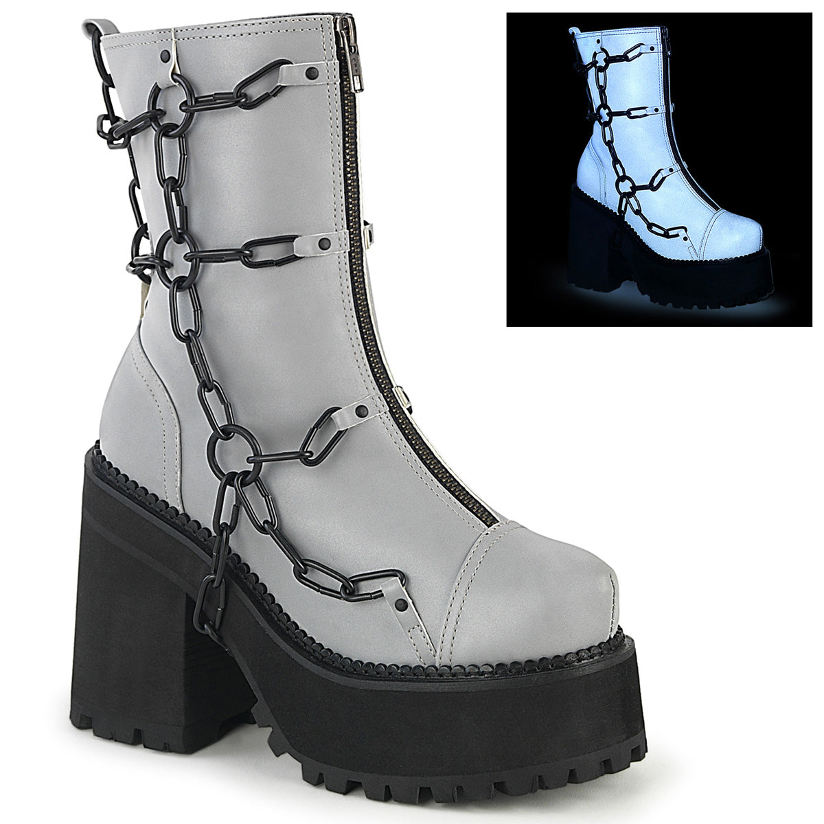 DemoniaCult Womens Ankle Boots ASSAULT-66 Grey Reflective Vegan Leather