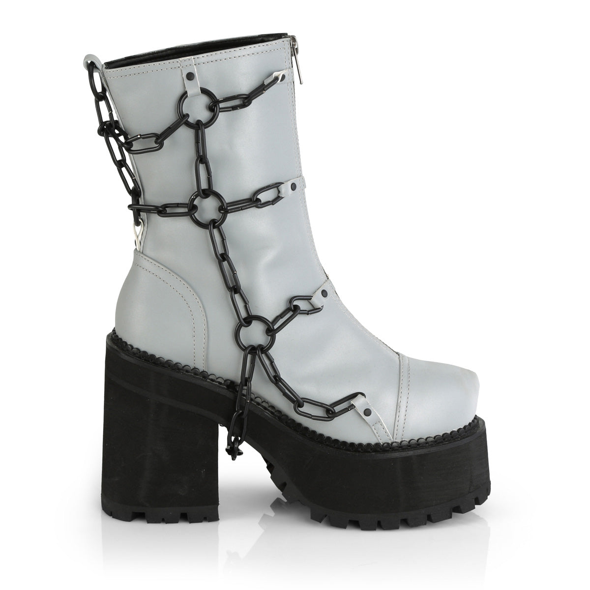 DemoniaCult Womens Ankle Boots ASSAULT-66 Grey Reflective Vegan Leather