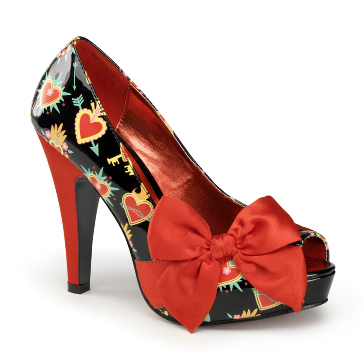 Pin Up Couture Pompe da donna BETTIE-13 BLK Pat-Red Satin (Sacred Hearts)