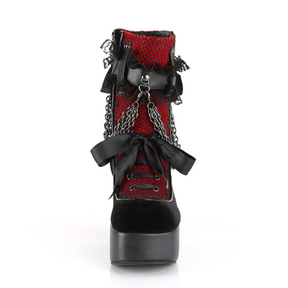 DemoniaCult Womens Ankle Boots CHARADE-110 Blk V. Le-Red-Blk Velvet-Fishnet Overlay