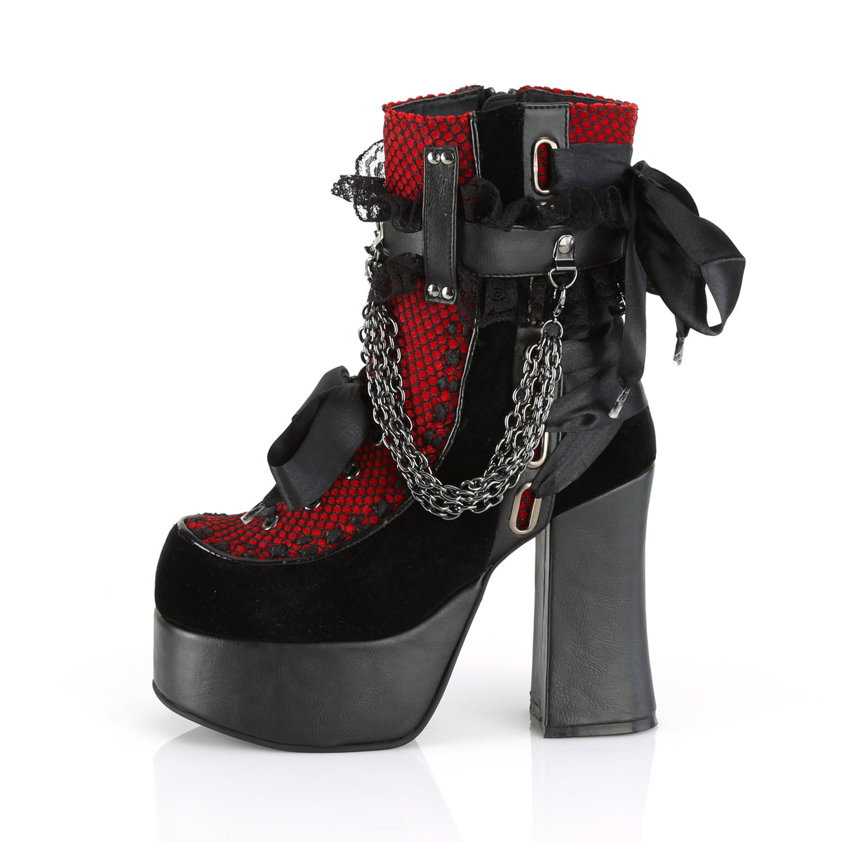 DemoniaCult Stivali alla caviglia femminile CHARADE-110 blk V. le-rosso-blk overlay vellvet-fishnet