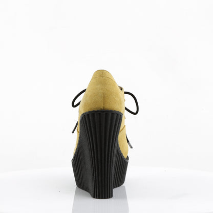 DemoniaCult Womens Low Shoe CREEPER-304 Mustard Vegan Suede-Leopard Printed Ponly Hair
