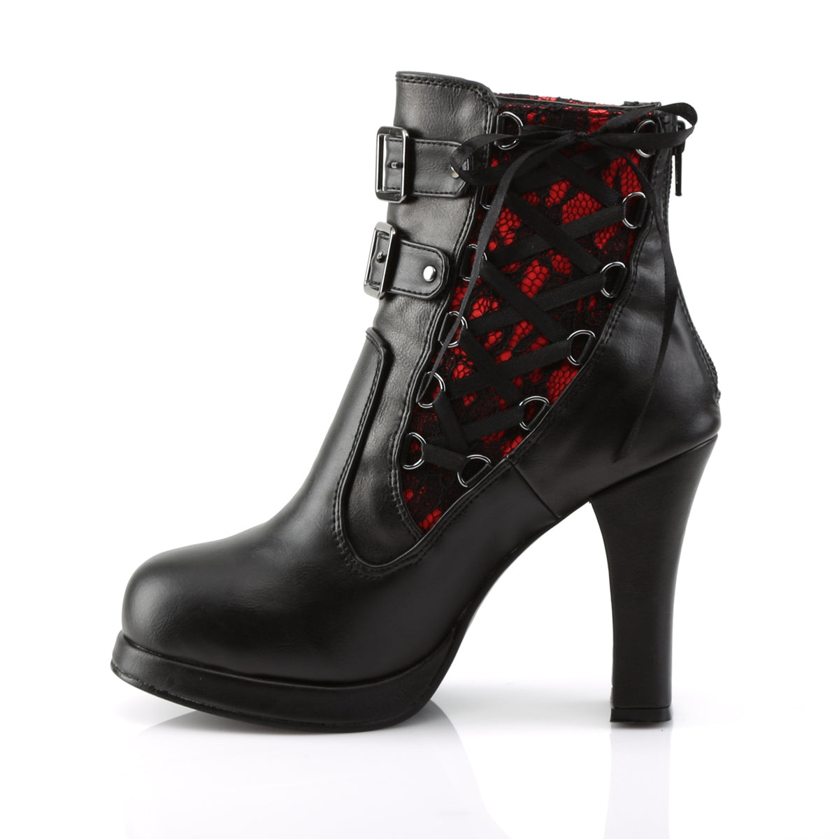 DemoniaCult Womens Ankle Boots CRYPTO-51 Blk-Red Lace Vegan Leather