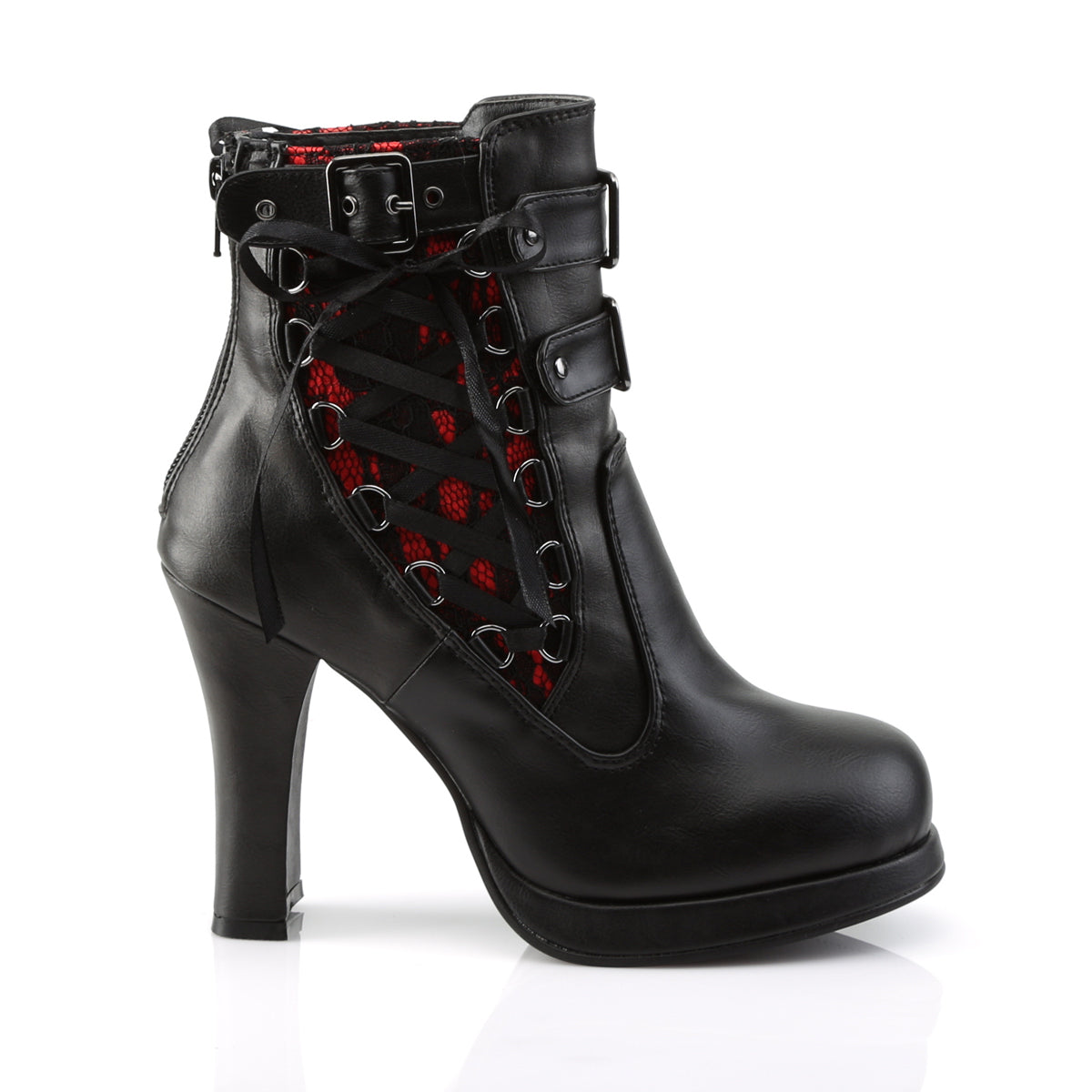 DemoniaCult Womens Ankle Boots CRYPTO-51 Blk-Red Lace Vegan Leather