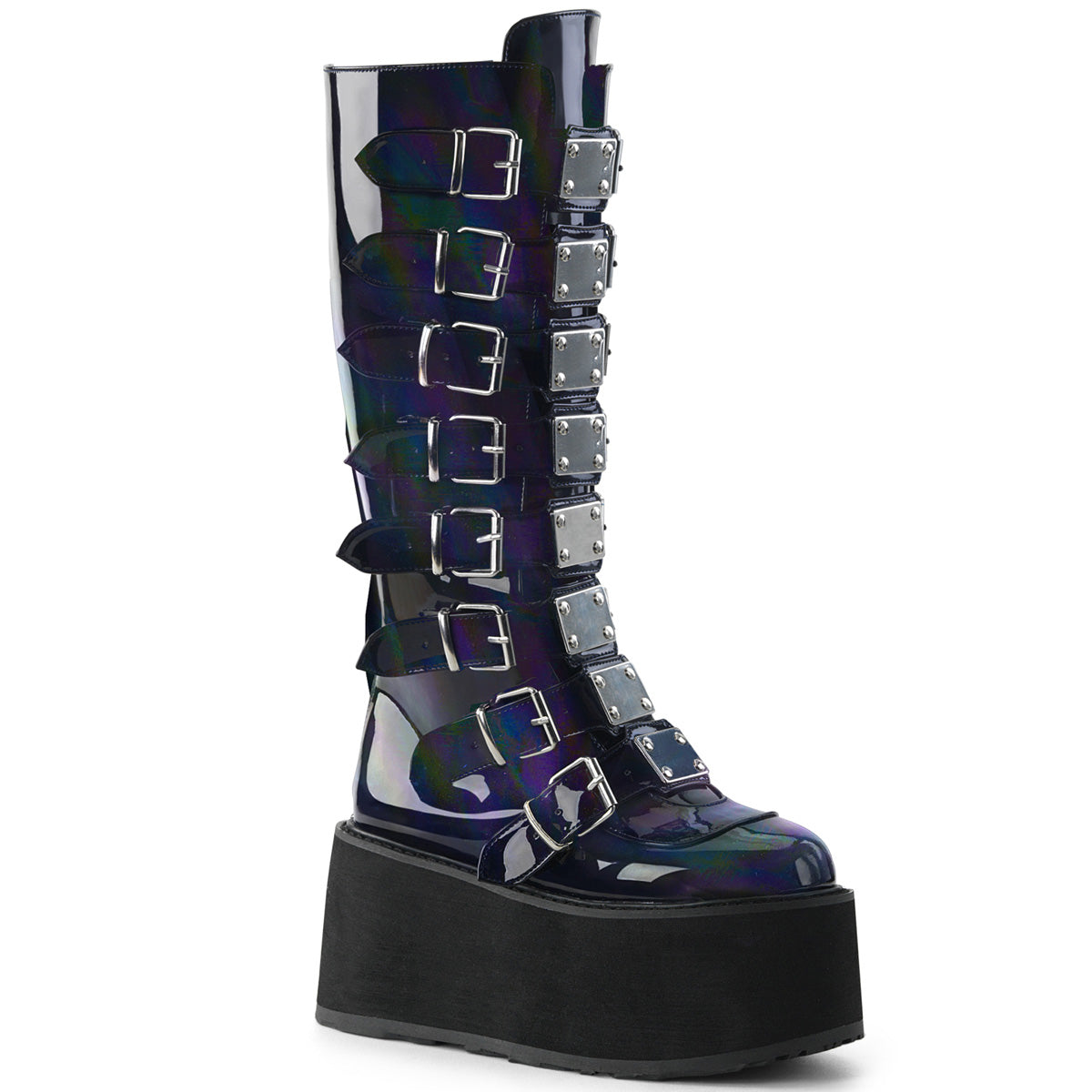 DemoniaCult Stivali da donna DAMNED-318 pelle vegana olograma BLK