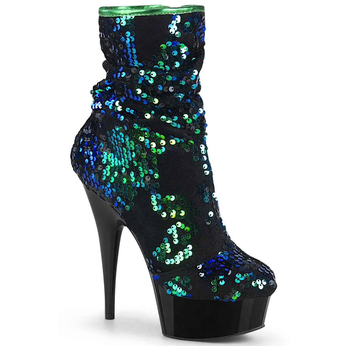 Pleaser Womens Ankle Boots DELIGHT-1004 Green Iridescent Sequins/Blk