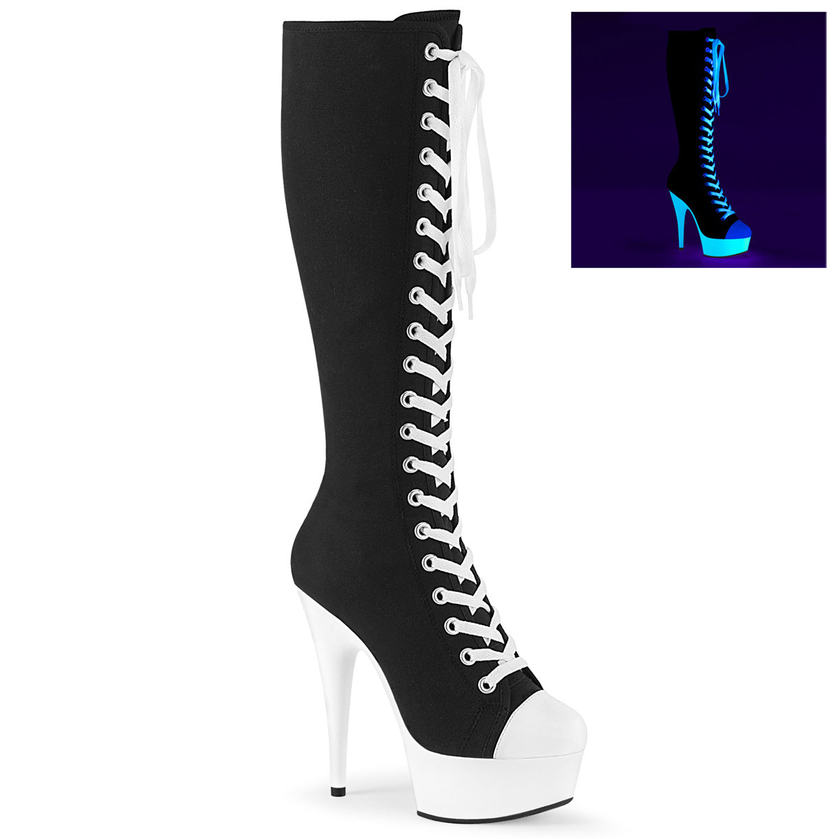 Pleaser Stivali da donna DELIGHT-2000SK-02 BLK Canvas-White Pelle ecopelle / NEON Bianco