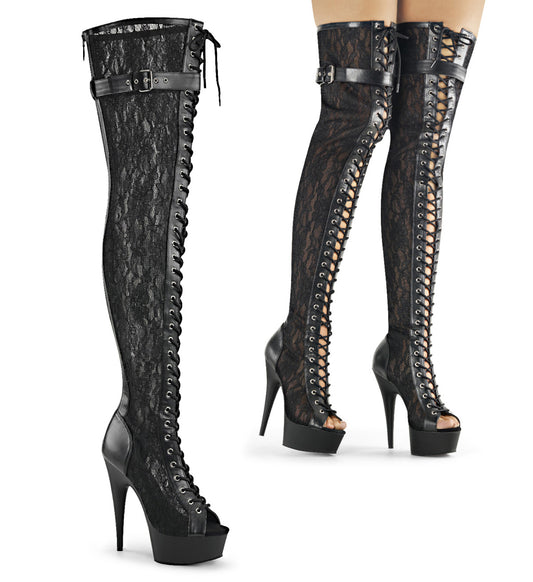 Pleaser Stivali da donna DELIGHT-3025ml BLK Faux Pelle-Mesh-Lace / Blk Matte