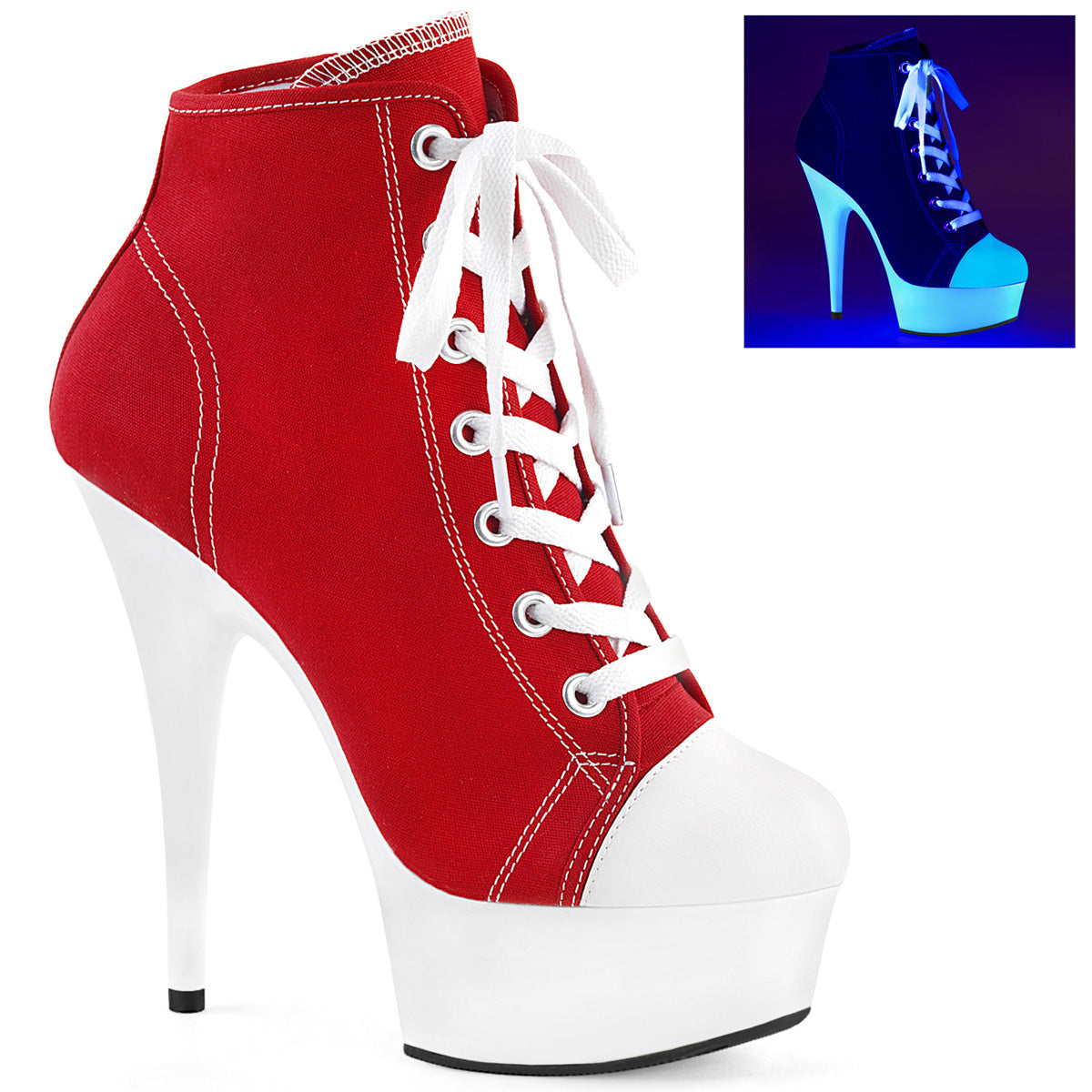 Pleaser Stivaletti da donna DELIGHT-600SK-02 Canvas rossa / Bianco al neon