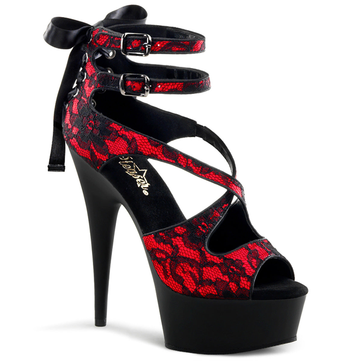 Pleaser Sandali da donna DELIGHT-678LC Red Satin-Lace / Blk Matte
